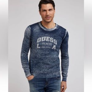 Guess Mason Men’s Long Sleeve Distressed Crewneck Navy Blue Logo Sweater